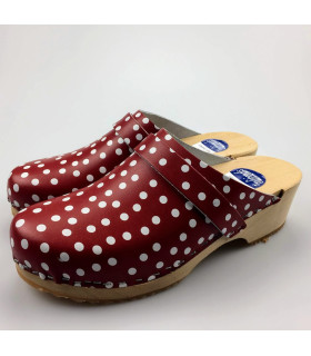 Hippe lederen damesklompen | open hiel rood-wit stip Hippe lederen damesklompen | open hiel rood-wit stip