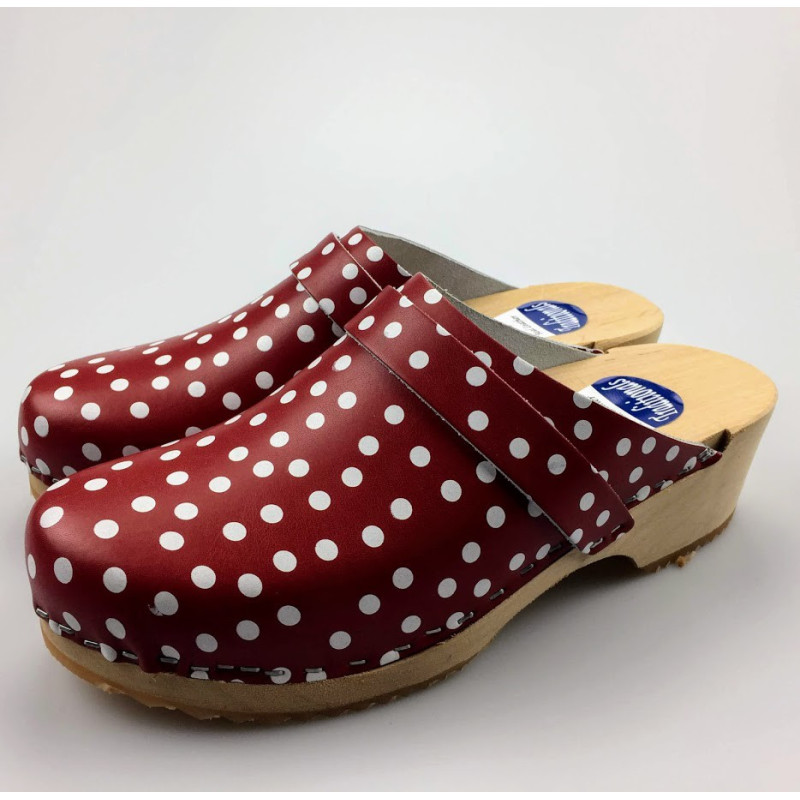 Hippe lederen damesklompen | open hiel rood-wit stip Hippe lederen damesklompen | open hiel rood-wit stip