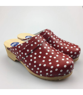 Hippe lederen damesklompen | open hiel rood-wit stip Hippe lederen damesklompen | open hiel rood-wit stip