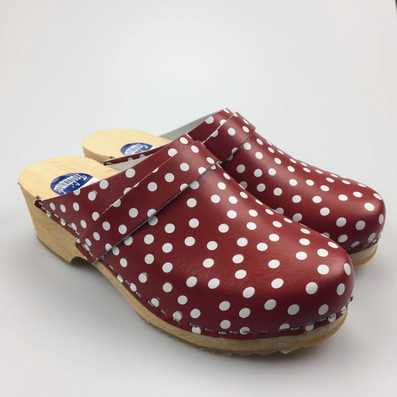 Hippe lederen damesklompen | open hiel rood-wit stip Hippe lederen damesklompen | open hiel rood-wit stip