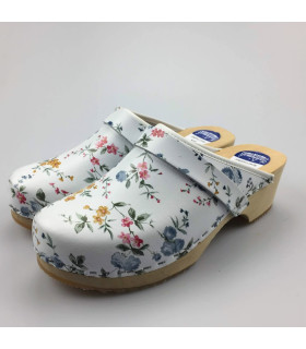 Hippe lederen damesklompen | open hiel wit bloem Hippe lederen damesklompen | open hiel wit bloem