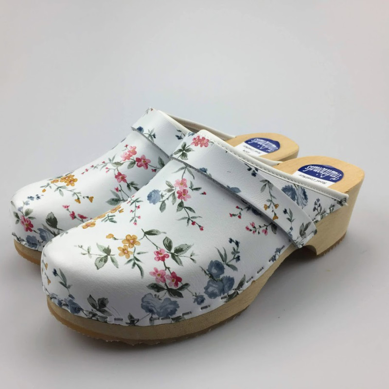 Hippe lederen damesklompen | open hiel wit bloem Hippe lederen damesklompen | open hiel wit bloem