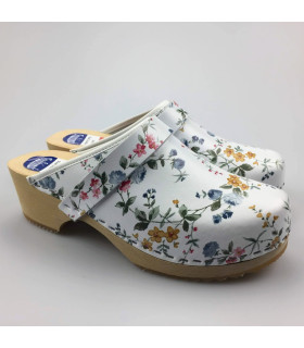 Hippe lederen damesklompen | open hiel wit bloem Hippe lederen damesklompen | open hiel wit bloem