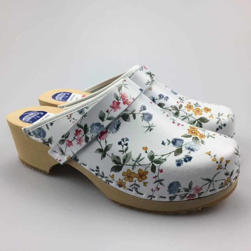 Hippe lederen damesklompen | open hiel wit bloem Hippe lederen damesklompen | open hiel wit bloem