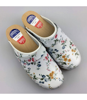 Hippe lederen damesklompen | open hiel wit bloem Hippe lederen damesklompen | open hiel wit bloem