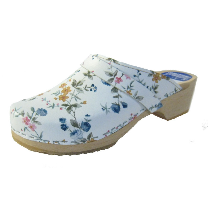 Hippe lederen damesklompen | open hiel wit bloem Hippe lederen damesklompen | open hiel wit bloem