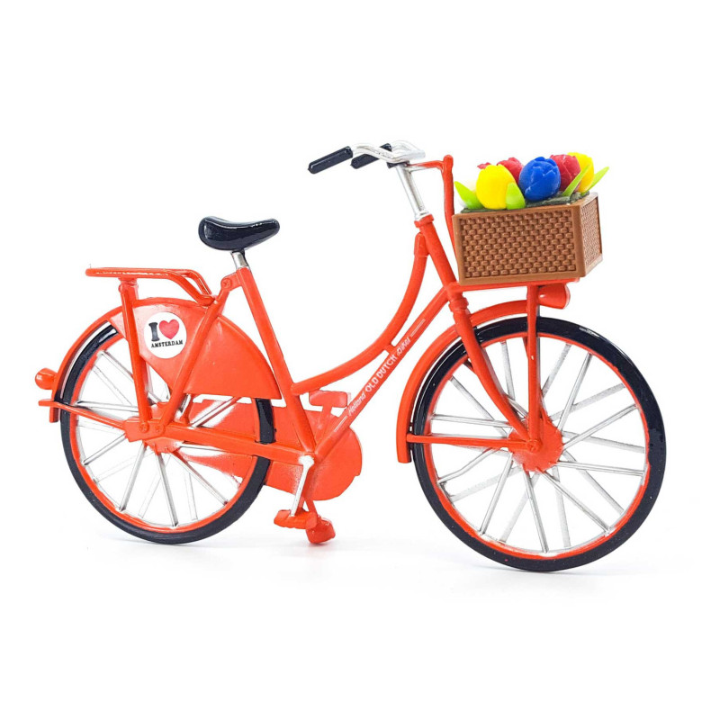 Miniatuurfiets met tulpjes oranje Amsterdam 13,5 x 8 cm Miniatuurfiets met tulpjes oranje Amsterdam 13,5 x 8 cm