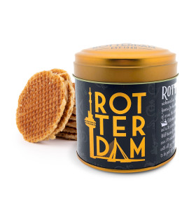 Blik met 8 stroopwafels Rotterdam zwart/goud Blik met 8 stroopwafels Rotterdam zwart/goud