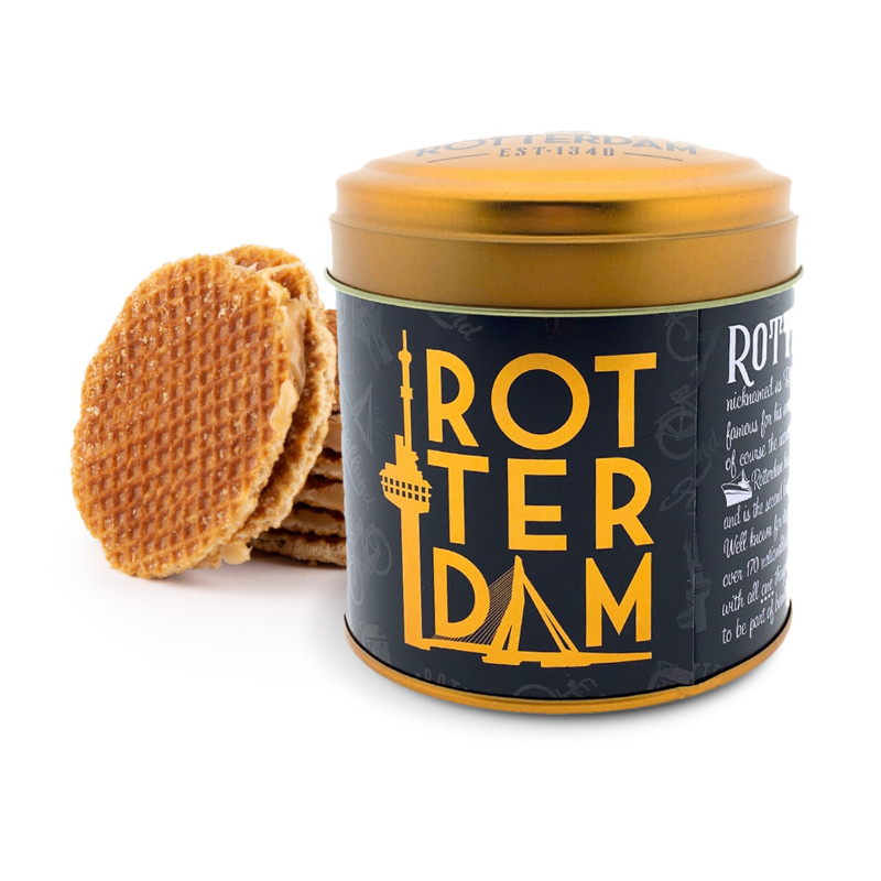 Blik met 8 stroopwafels Rotterdam zwart/goud Blik met 8 stroopwafels Rotterdam zwart/goud