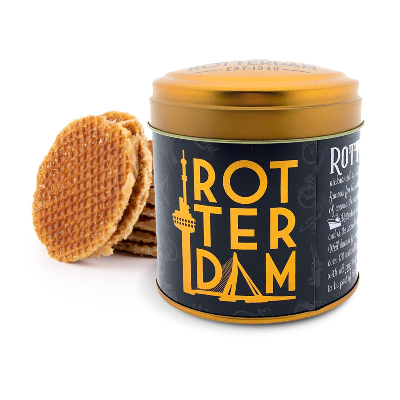 Blik met 8 stroopwafels Rotterdam zwart/goud