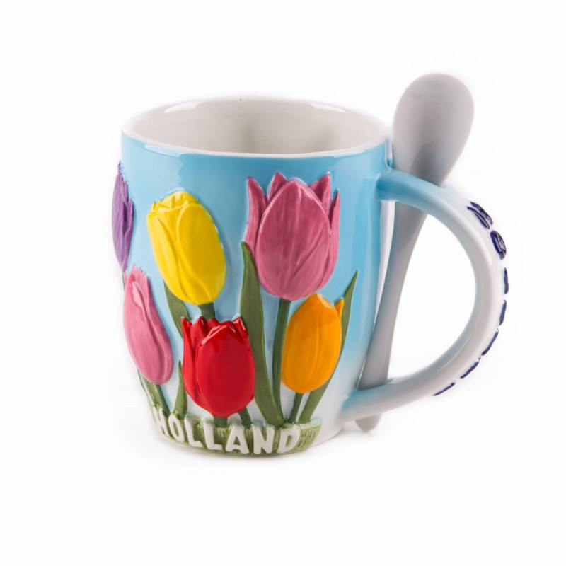 Beker - mok met lepel grote tulpen en Holland opdruk Beker - mok met lepel grote tulpen en Holland opdruk