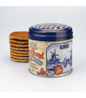Typisch Hollands cadeau: 8 stroopwafels in een Delfts blauw blik. Typisch Hollands cadeau: 8 stroopwafels in een Delfts blauw blik.