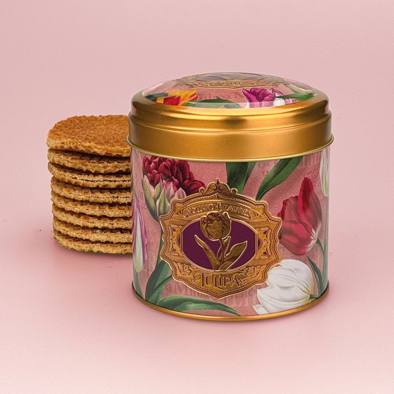 8 Stroopwafels in Blik met Tulpenprint | Cadeau 8 Stroopwafels in Blik met Tulpenprint | Cadeau